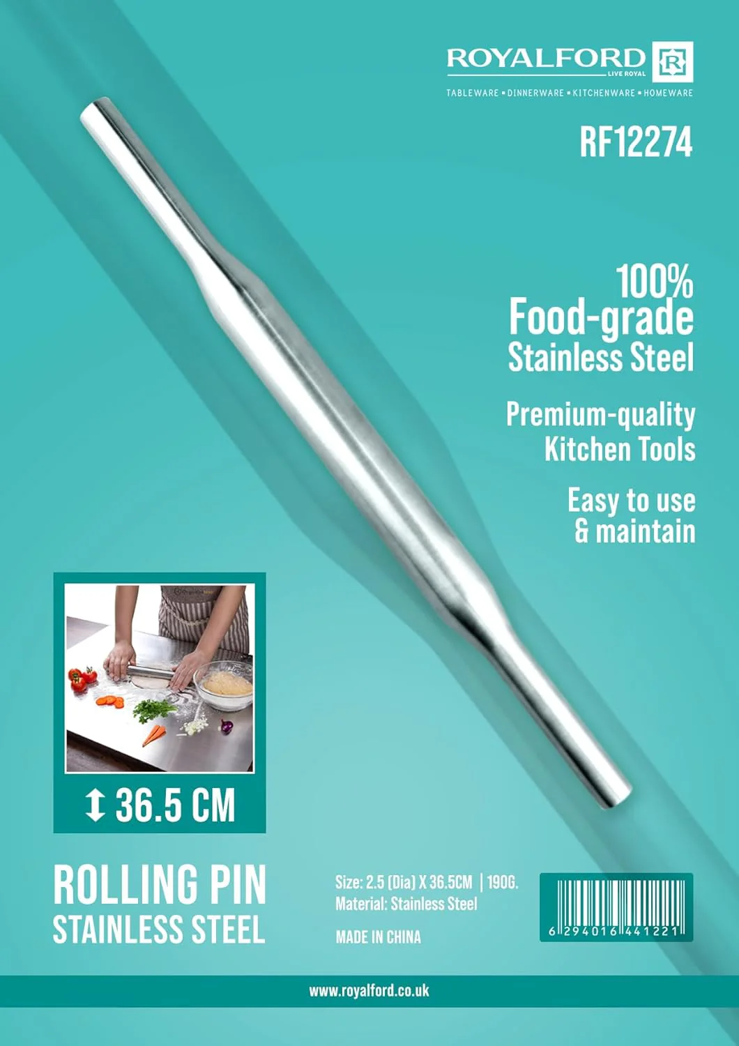 Royalford 36.5cm Stainless Steel Rolling Pin RF12274 Non-Stick for Flour Dough, Pastry Roller baking Tools 100% Food Grade Dishwasher Safe marks and Stains resistant - Image 2