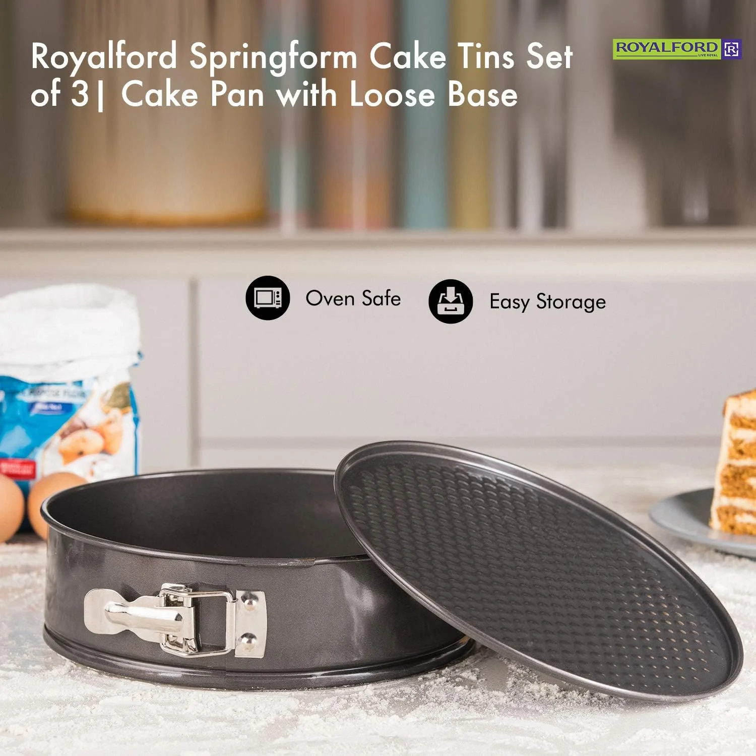 Royalford 3pcs Carbon Steel Non-Stick Springform Set, Heart Springform-24cm*23cm*6.8cm, Round Springform-26cm*6.8cm, Mini Round Springform-12cm*4.8cm, RF7046 - Image 3