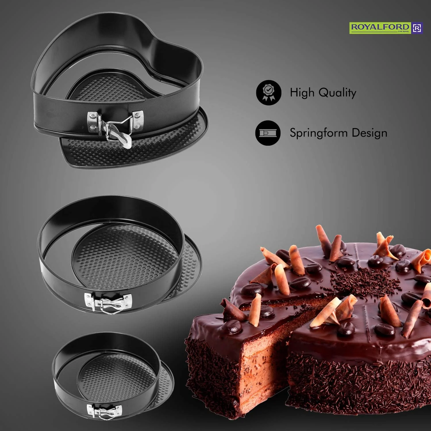Royalford 3pcs Carbon Steel Non-Stick Springform Set, Heart Springform-24cm*23cm*6.8cm, Round Springform-26cm*6.8cm, Mini Round Springform-12cm*4.8cm, RF7046 - Image 5