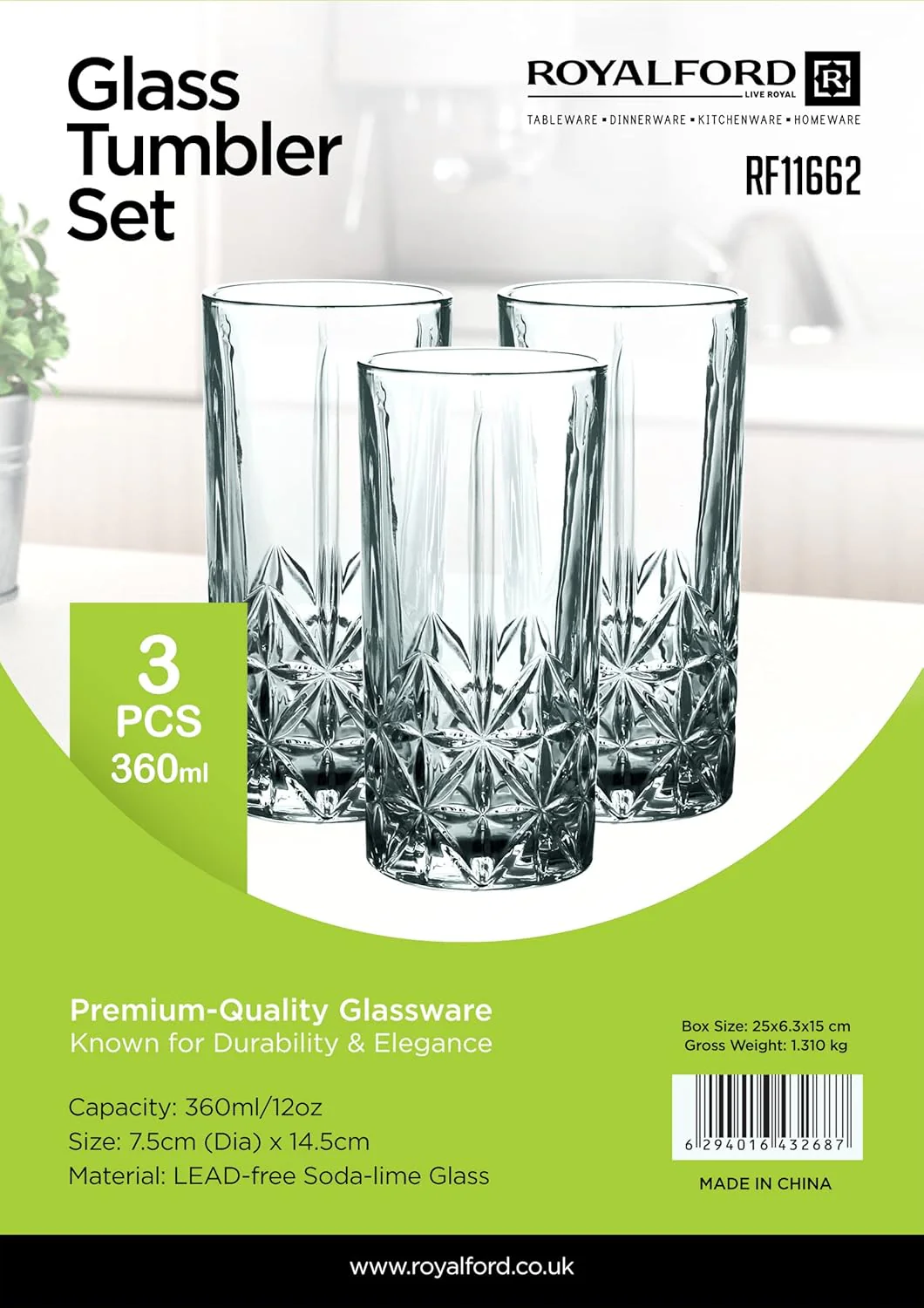 ROYALFORD 3pcs Glass Tumbler Set 360ml - Image 3