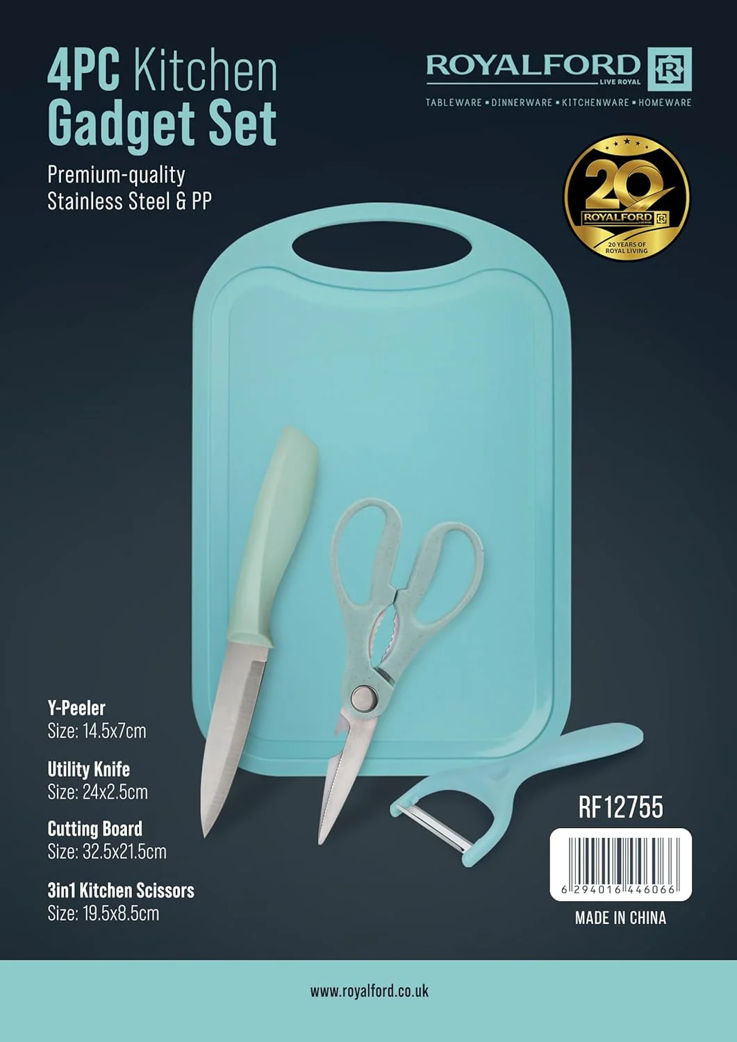 Royalford 4pcs Kitchen Gadget Set, Includes Knife-Peeler-3in1 Kitchen Scissors-Cutting Board, Cyan, RF12755 - Image 2