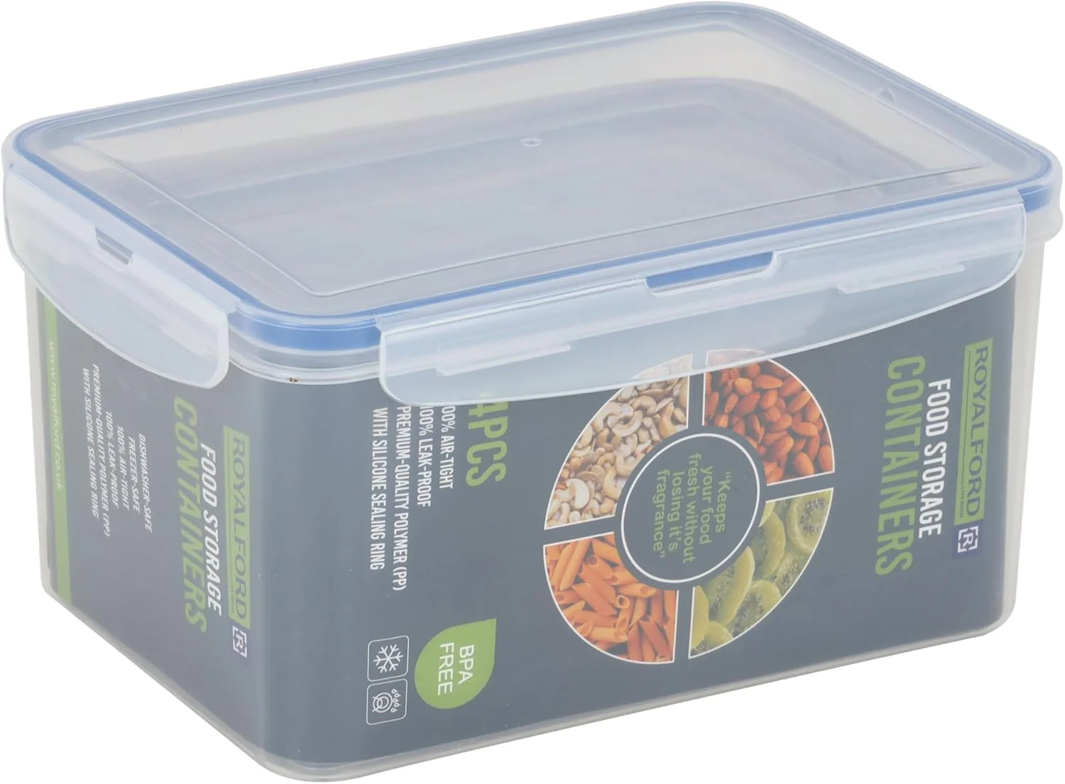Royalford 4pcs Set of Food Storage Containers with Lid RF12630 Plastic Prep Containers Snap Locking Lids for Microwave Oven Fridge Dishwasher Safe 500ml, 1000ml, 2350ml, 3700ml Airtight Re-usable - Image 4
