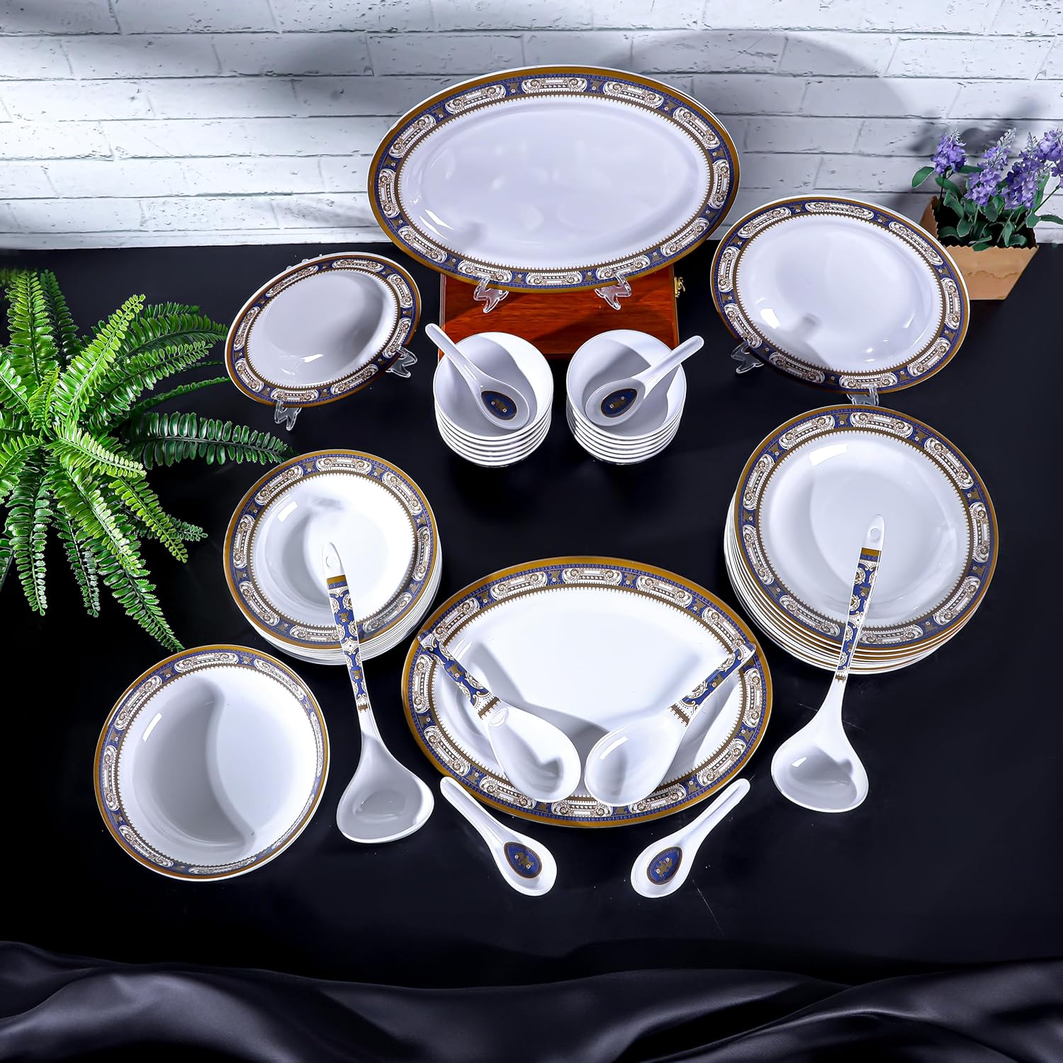 Royalford 56pcs Elegant Melamine Dinnerware Sets for Family Meals, Premium Bowls Sets, Spoons, Rice Plates, Ladle, Entire complete Set- Blue/Gold, RF12489 - Image 2