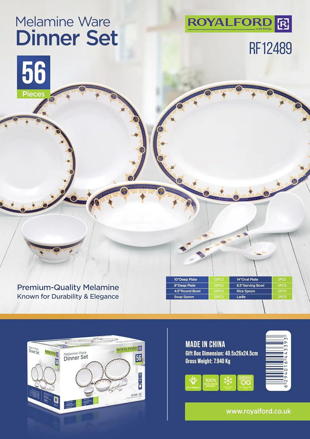 Royalford 56pcs Elegant Melamine Dinnerware Sets for Family Meals, Premium Bowls Sets, Spoons, Rice Plates, Ladle, Entire complete Set- Blue/Gold, RF12489 - Image 3