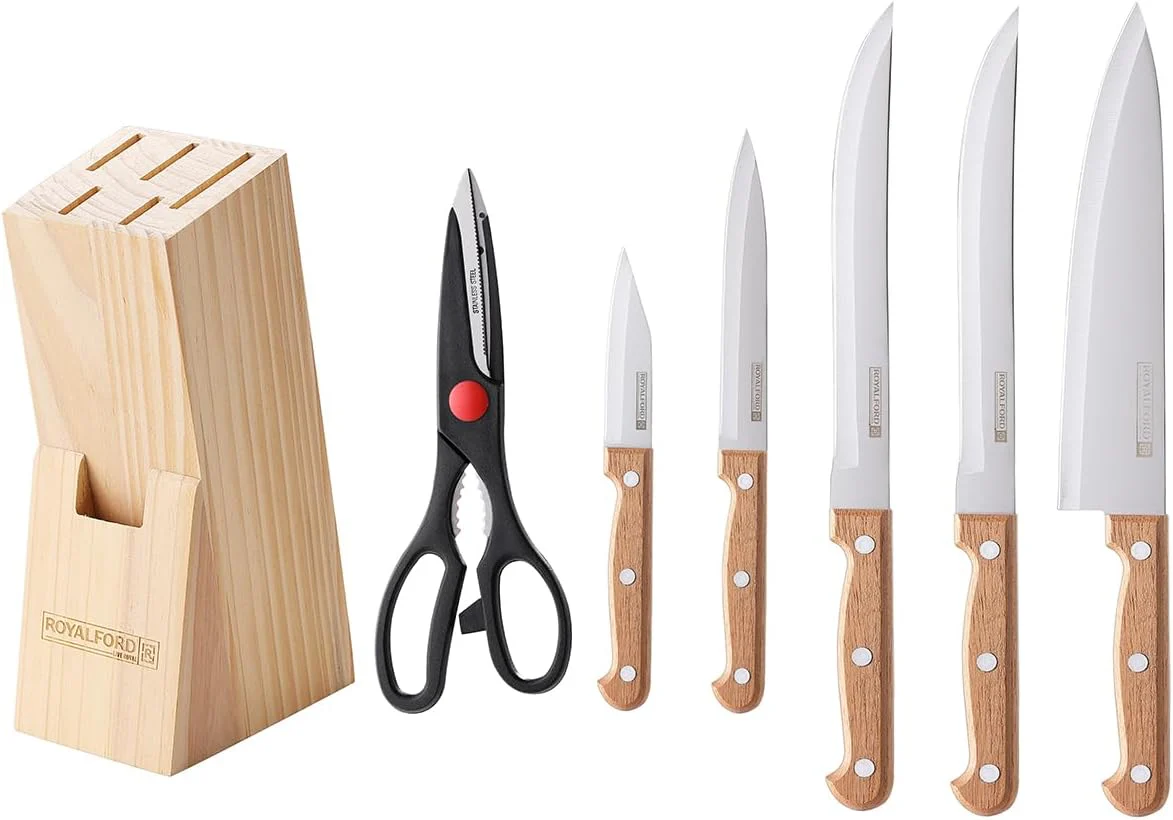 Royalford 7-Piece Knife Set with Wooden Block – Stainless Steel Blades & Wooden Handles (RF12265)