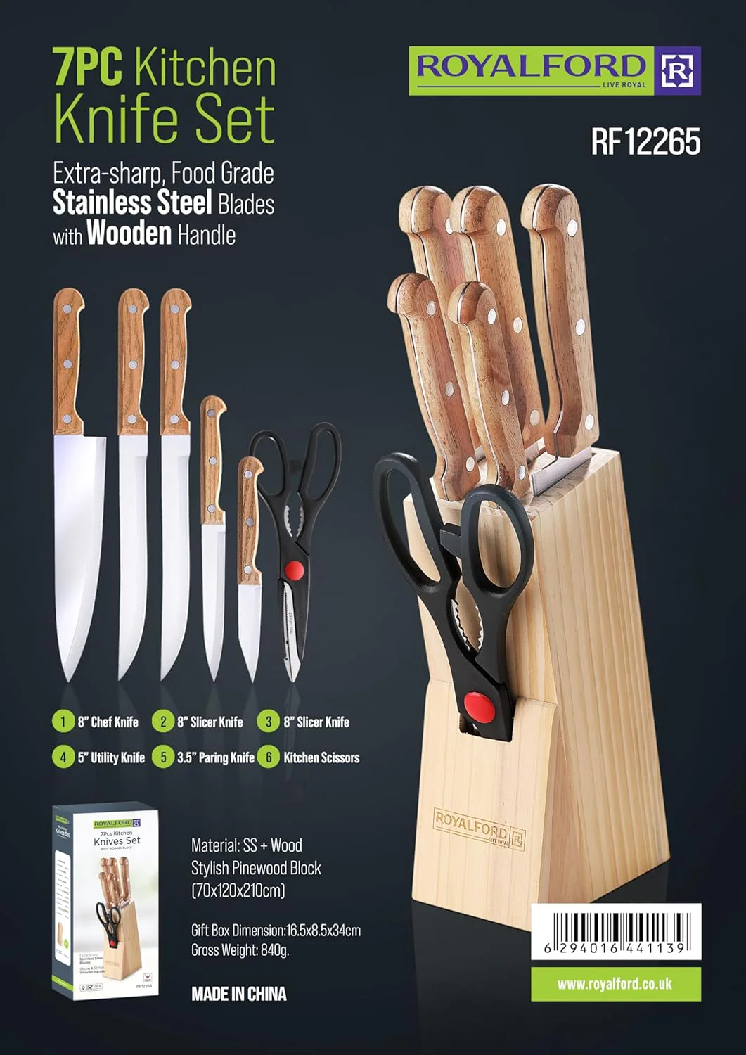 Royalford 7-Piece Knife Set with Wooden Block – Stainless Steel Blades & Wooden Handles (RF12265) - Image 2