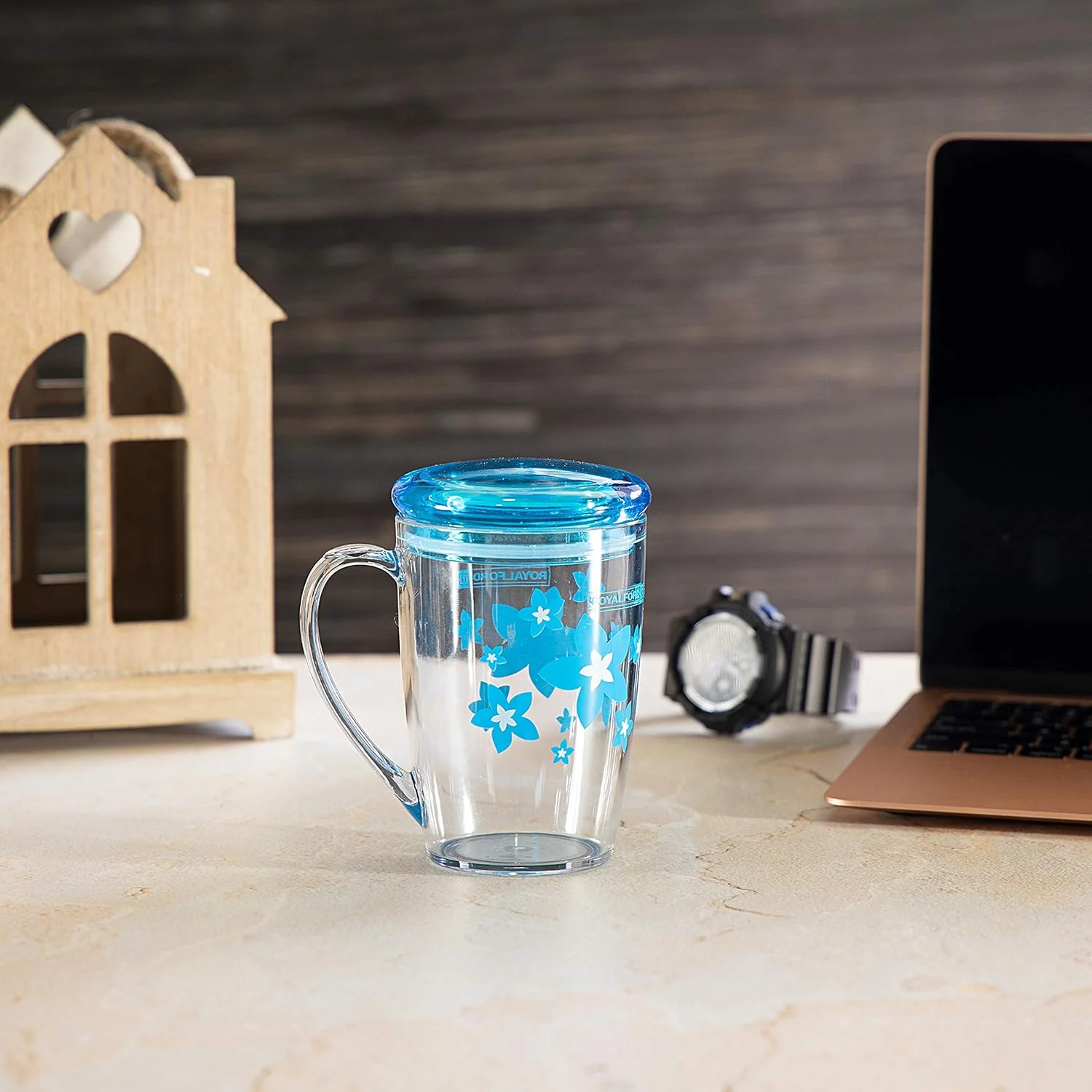 Royalford Acrylic Transparent Mug with Lid 350ml, Blue - Image 2