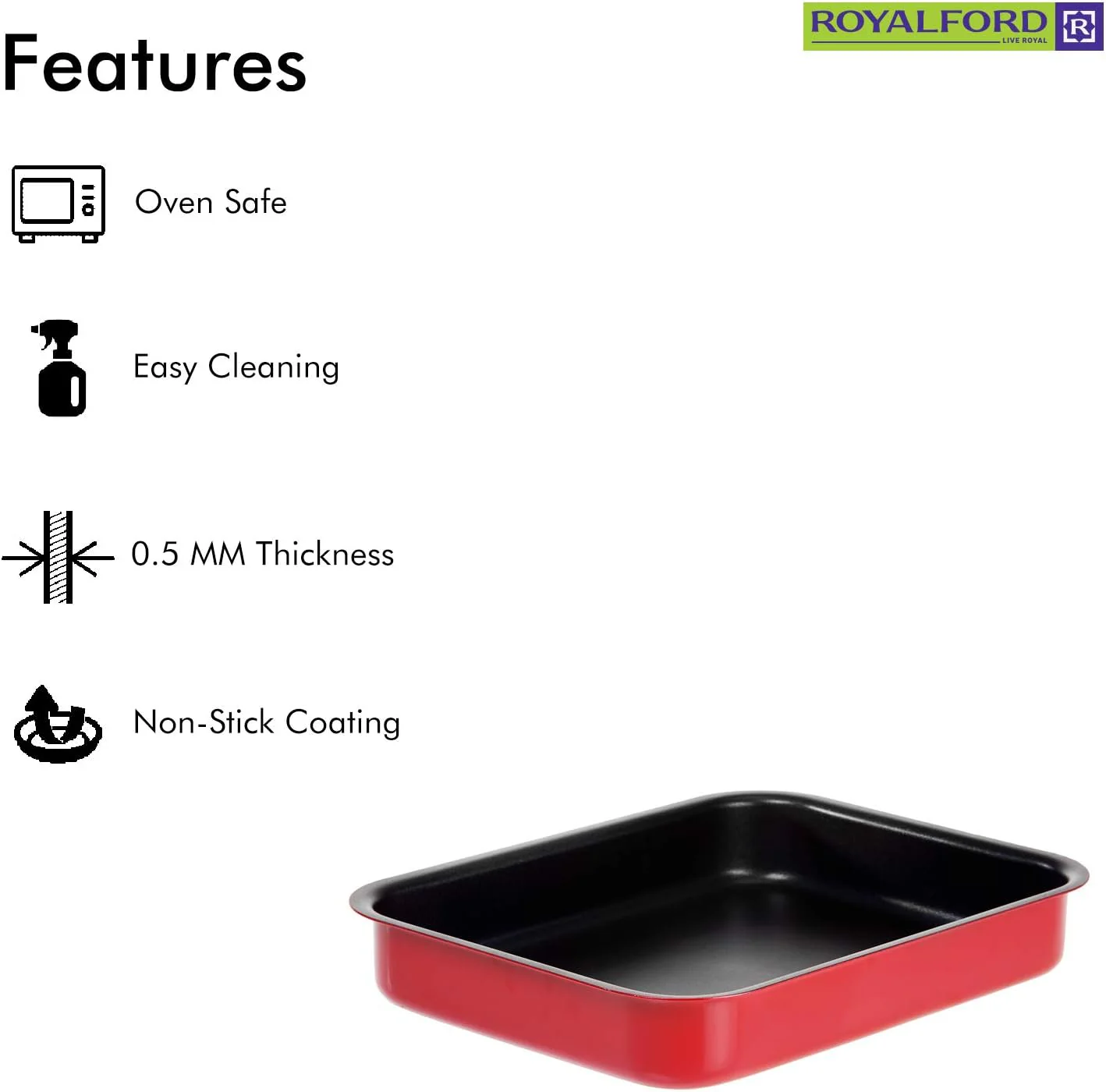 Royalford Aluminium Alloy Non-Stick Rectangular Baking Tray/Roaster Pan 32cm*24cm*6.5cm, RF1147 - Image 2
