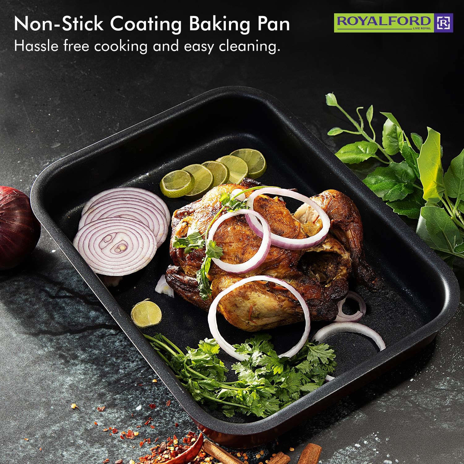Royalford Aluminium Alloy Non-Stick Rectangular Baking Tray/Roaster Pan 32cm*24cm*6.5cm, RF1147 - Image 3