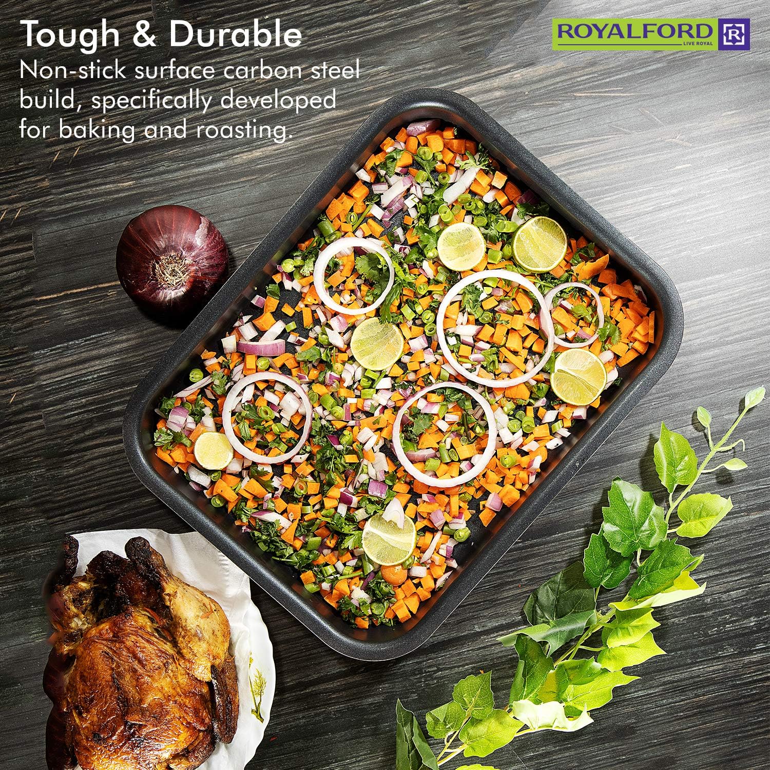 Royalford Aluminium Alloy Non-Stick Rectangular Baking Tray/Roaster Pan 32cm*24cm*6.5cm, RF1147 - Image 5