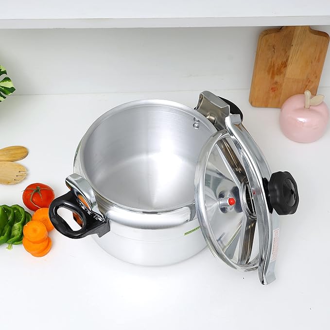 Royalford Aluminum Pressure Cooker- Equipped with Multi-Safety Device and Unique Indicator Durable Alloy Construction Firm Handles Compatible Gas Silver 11L, RF11176 - Image 2