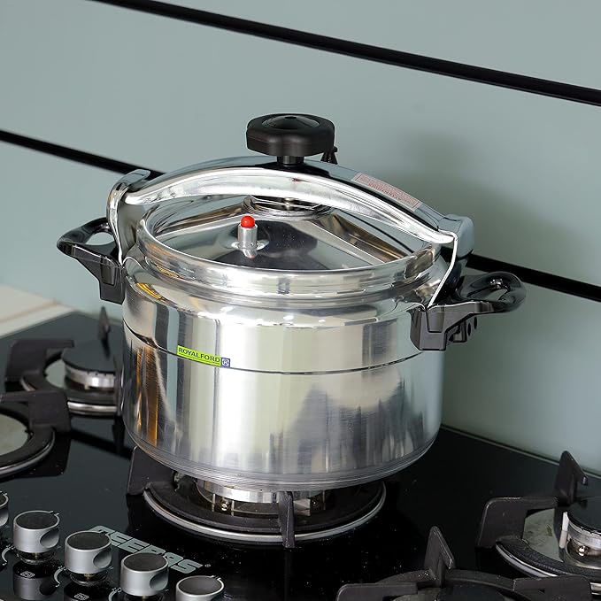 Royalford Aluminum Pressure Cooker- Equipped with Multi-Safety Device and Unique Indicator Durable Alloy Construction Firm Handles Compatible Gas Silver 11L, RF11176 - Image 3