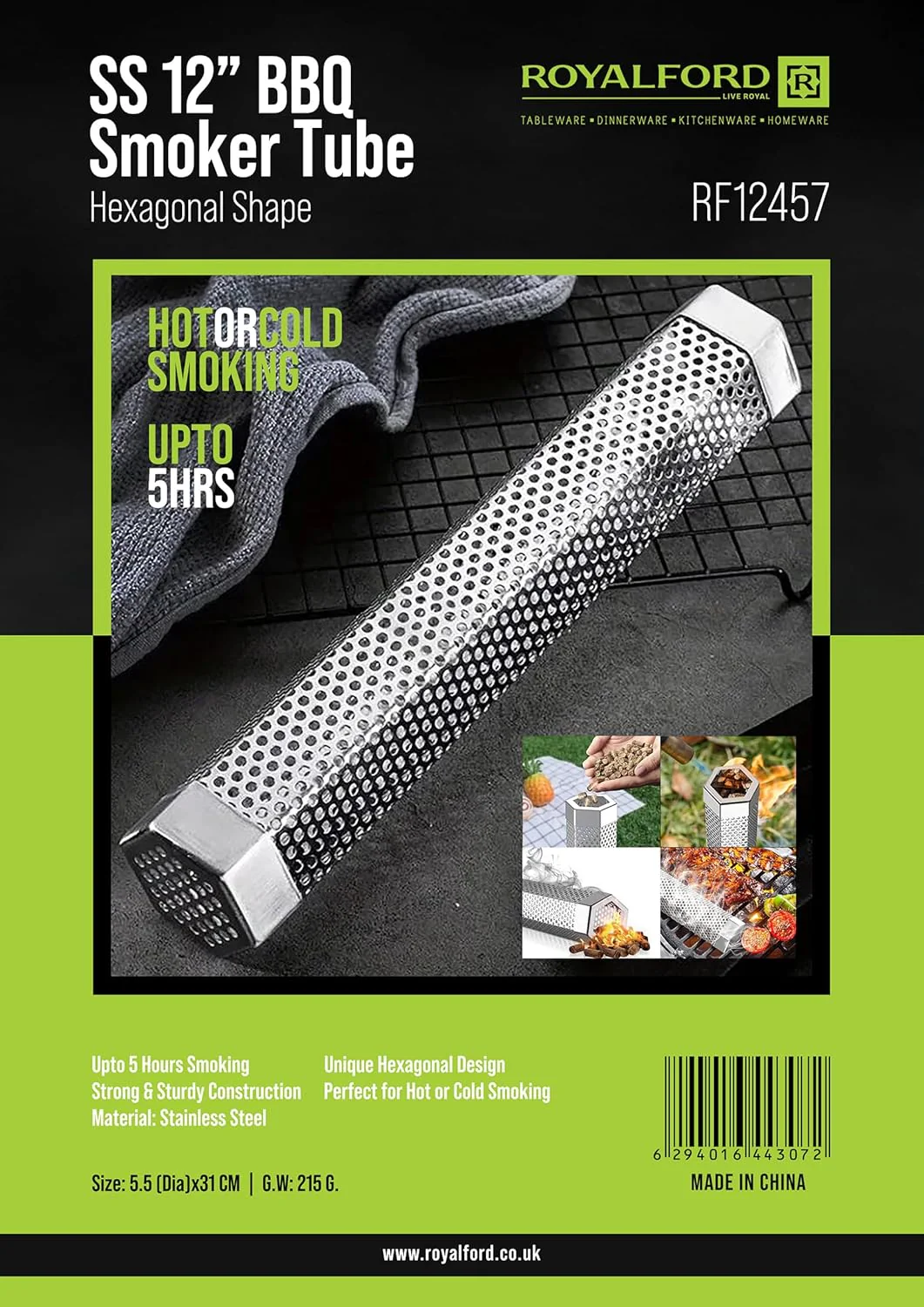 Royalford BBQ Pellet Smoker Tube 12″ RF123457 – Stainless Steel Hexagonal Tube for 5 Hours Hot or Cold Smoking - Image 2