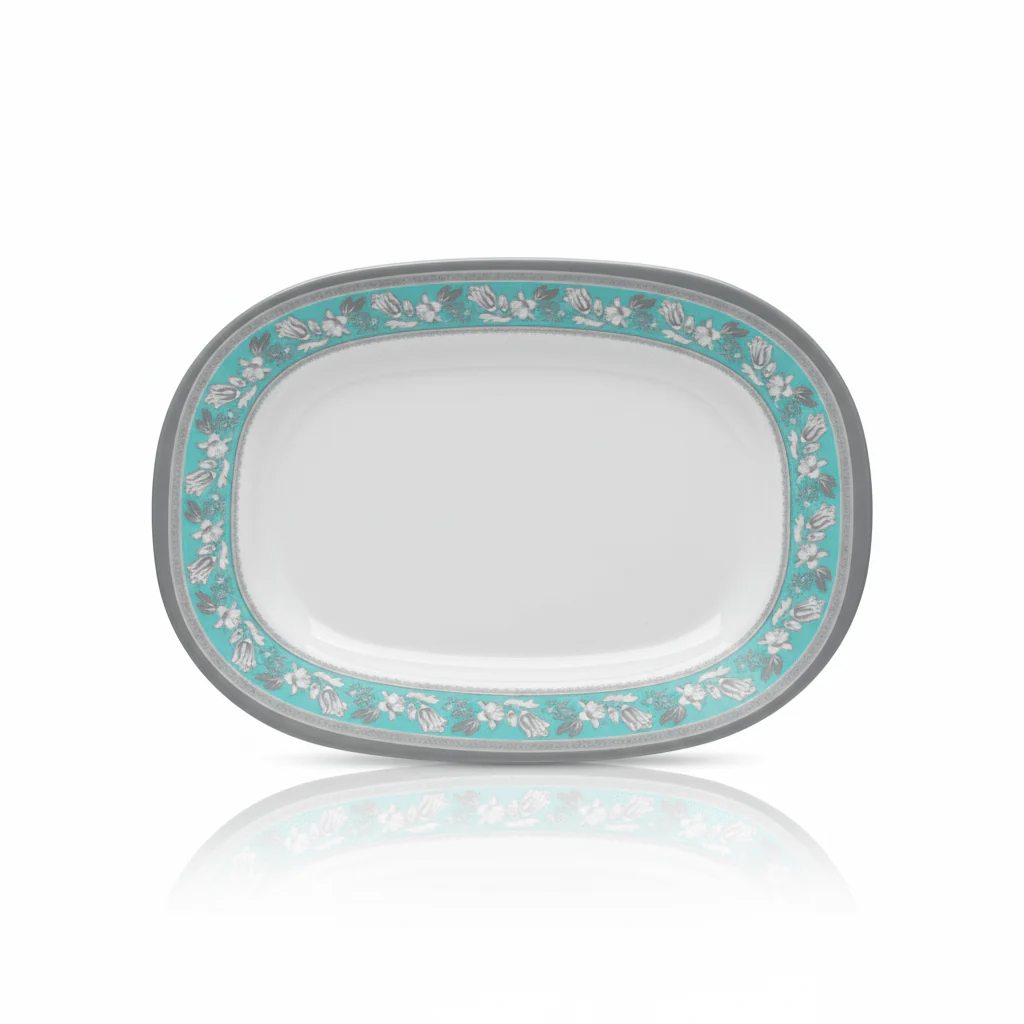 Royalford Blue Accent Melamine Oval Tray – 14" White