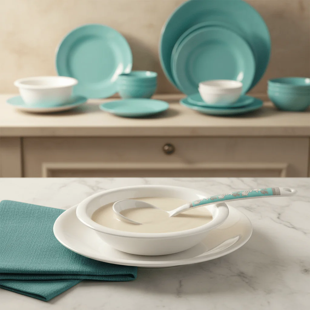 Royalford Blue Accent Melamine Spoon – 8" White - Image 2