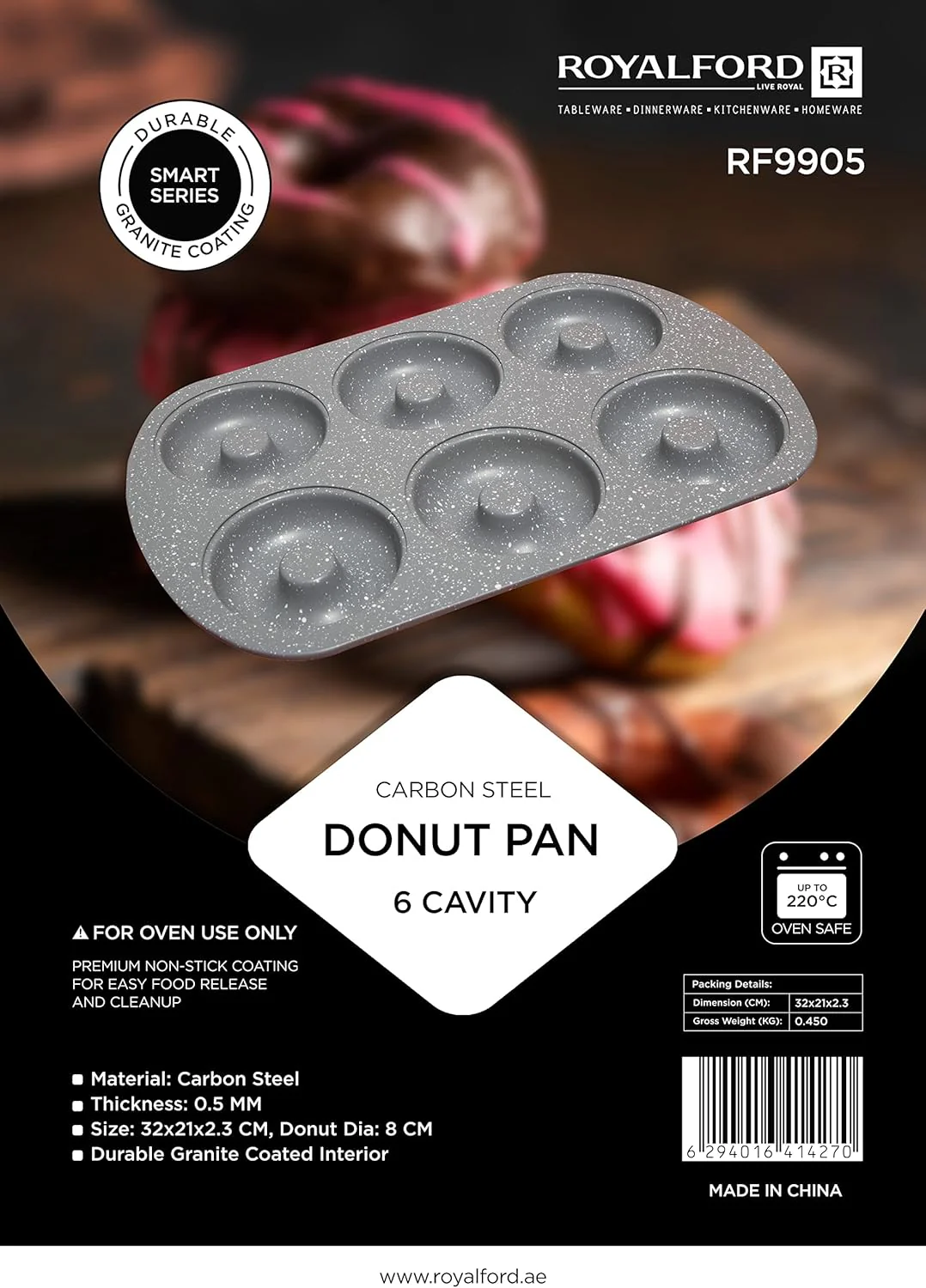 Royalford Carbon Steel 6-Cavity Donut Pan 32cm*21cm*2.3cm, 8cm Donut Dia, Granite Coated Interior, RF9905 - Image 4