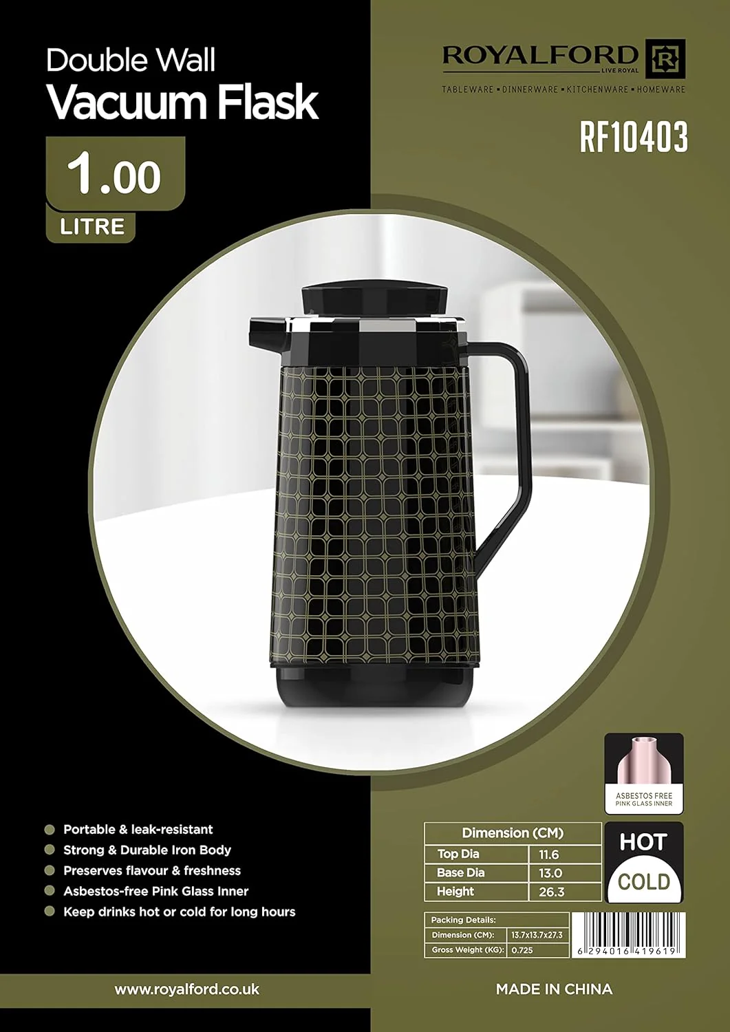 Royalford Double Wall Vaccum Flask 1 Liter, Asbestos Free, Pink Glass inner, Strong & Durable Design, Portable & Leak Resistant- RF10403 - Image 5