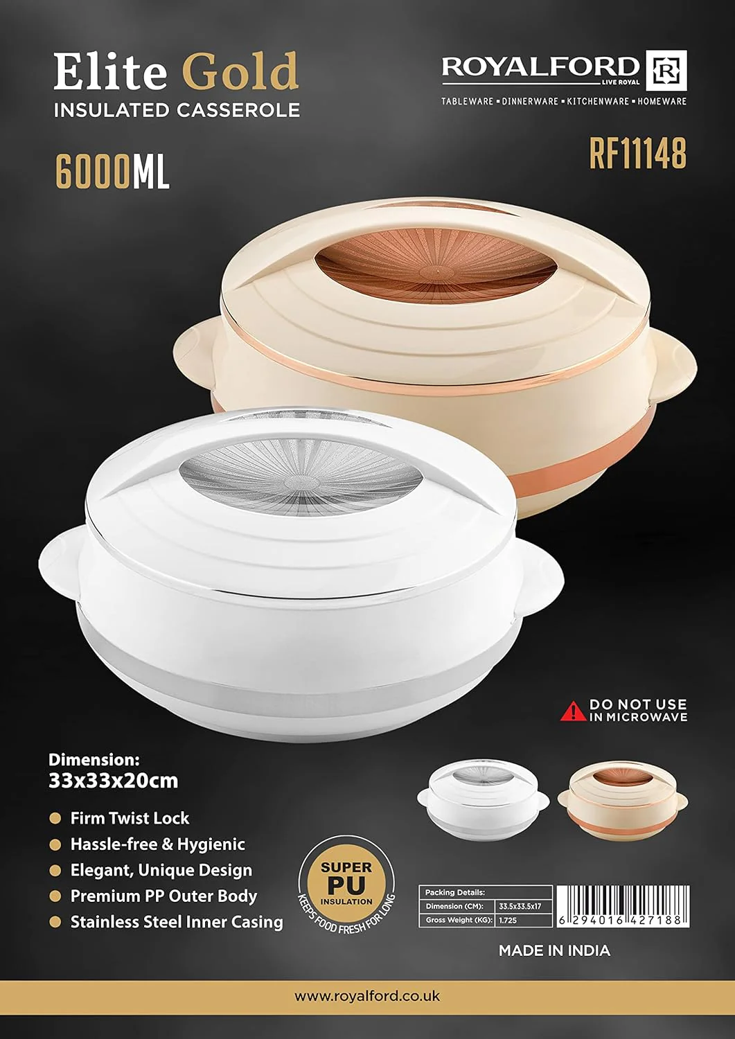 Royalford Elite Gold Series 6000ML Insulated Casserole RF11148 – Premium Cream Finish for Hot & Cold Food Preservation - Image 2