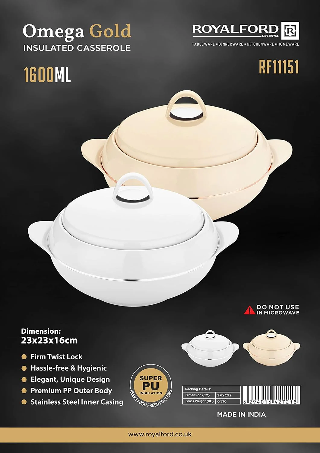 ROYALFORD Omega Gold Insulated Casserole 1600ml, Firm Twist Lock, Beige&Copper - Image 3