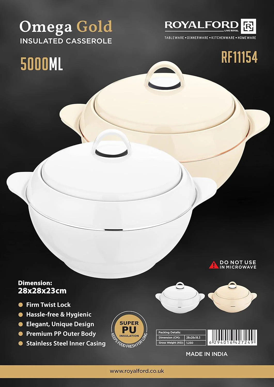 Royalford Omega Gold Series 5000ML Insulated Casserole RF11154 – Elegant White Design for Long-Lasting Heat Retention - Image 2
