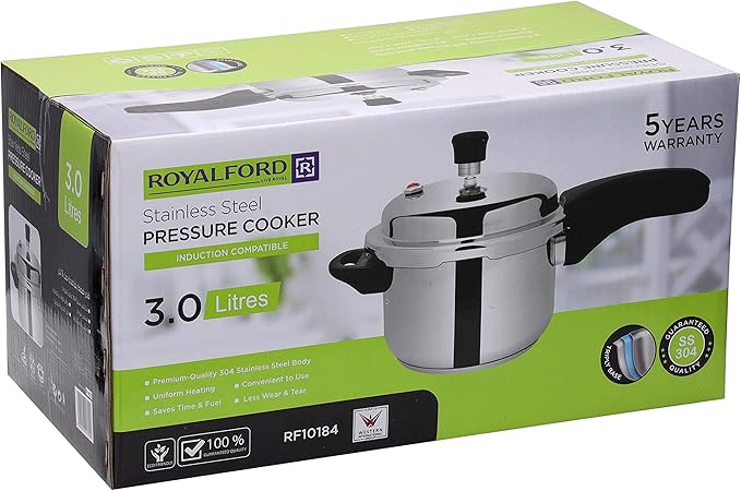 Royalford RF10184 3.0Ltr Stainless Steel Pressure Cooker - Portable Cool Touch Handle With Steam Vent Ideal For Rice, Meat, & More, Multi - Image 5