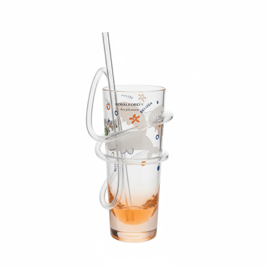 Royalford RF6167 Transparent Acrylic Glass With Straw 140ml- Drinking Tube Resistant Clear Juice Cup, Orange