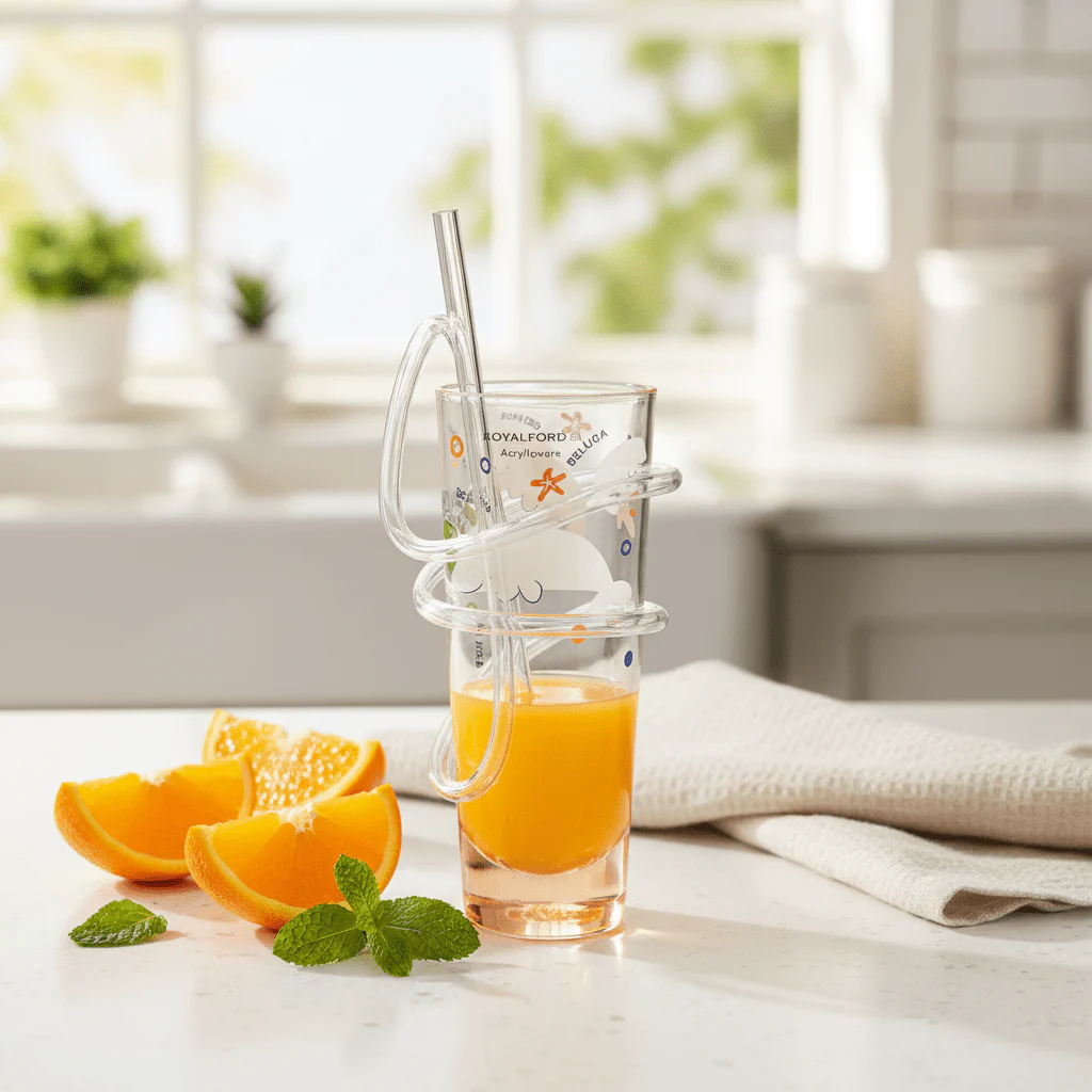 Royalford RF6167 Transparent Acrylic Glass With Straw 140ml- Drinking Tube Resistant Clear Juice Cup, Orange - Image 2