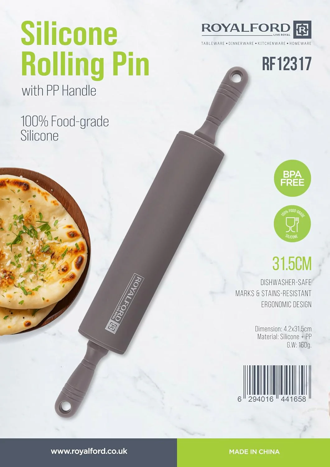 Royalford Rolling Pin RF12317 Non-Stick Silicone with PP Handle for Flour Dough, Pastry Roller baking Tools 100% Food Grade Dishwasher Safe marks and Stains resistant-31.5CM - Image 4