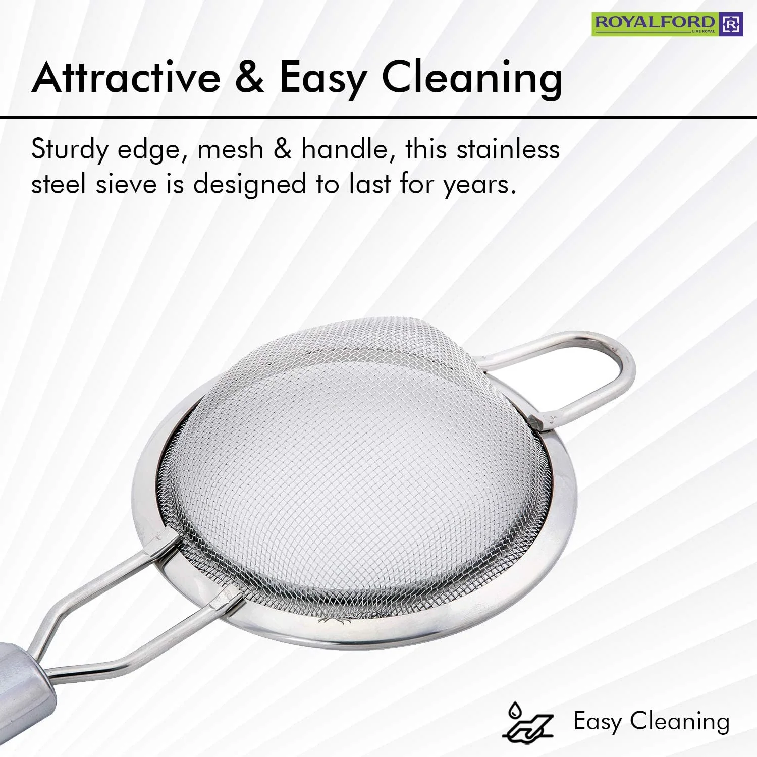 Royalford Stainless Steel Strainer-6.5 cmX24cm-Silver - Image 2