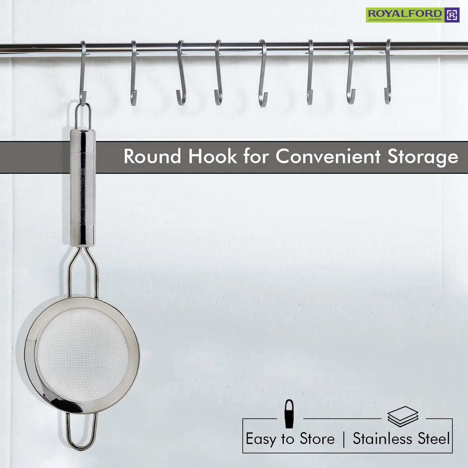 Royalford Stainless Steel Strainer-6.5 cmX24cm-Silver - Image 3