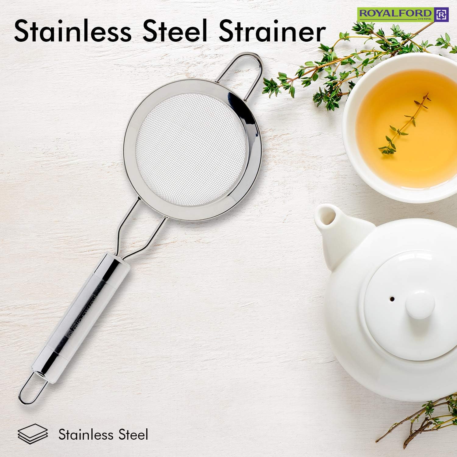 Royalford Stainless Steel Strainer-6.5 cmX24cm-Silver - Image 5