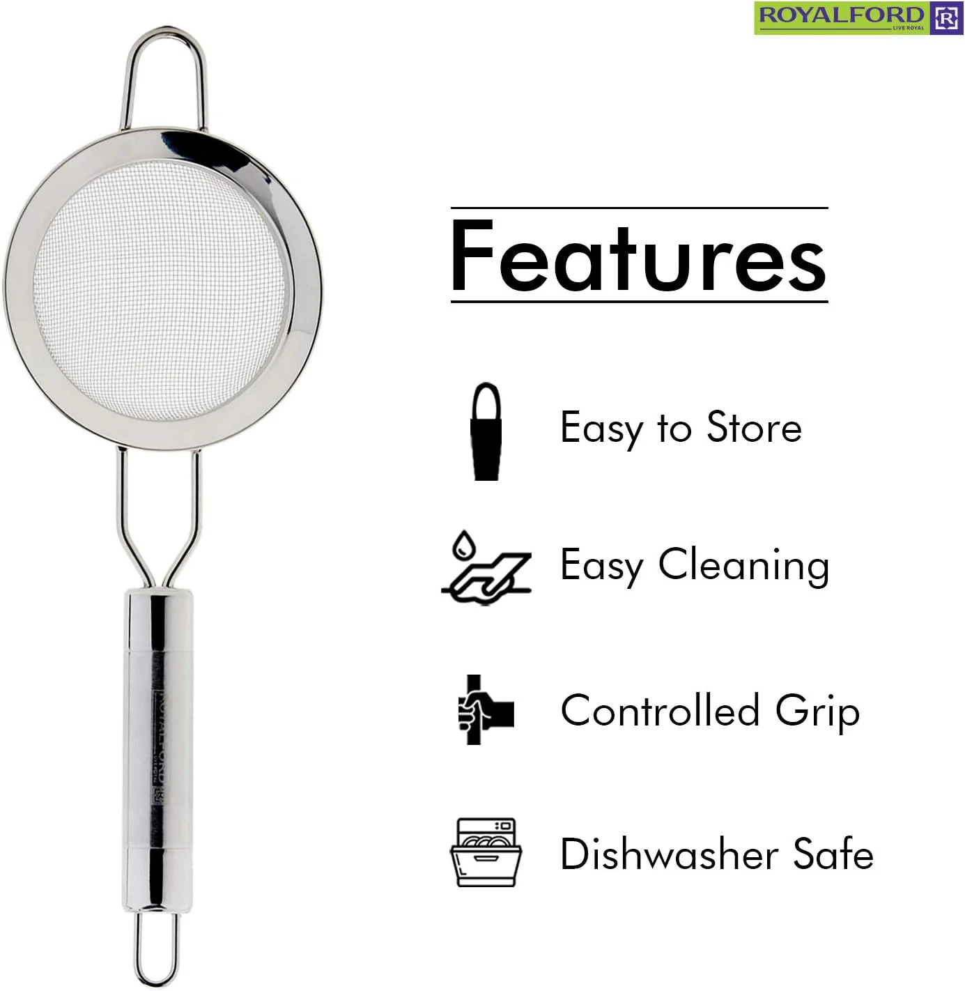 Royalford Stainless Steel Strainer-6.5 cmX24cm-Silver - Image 6