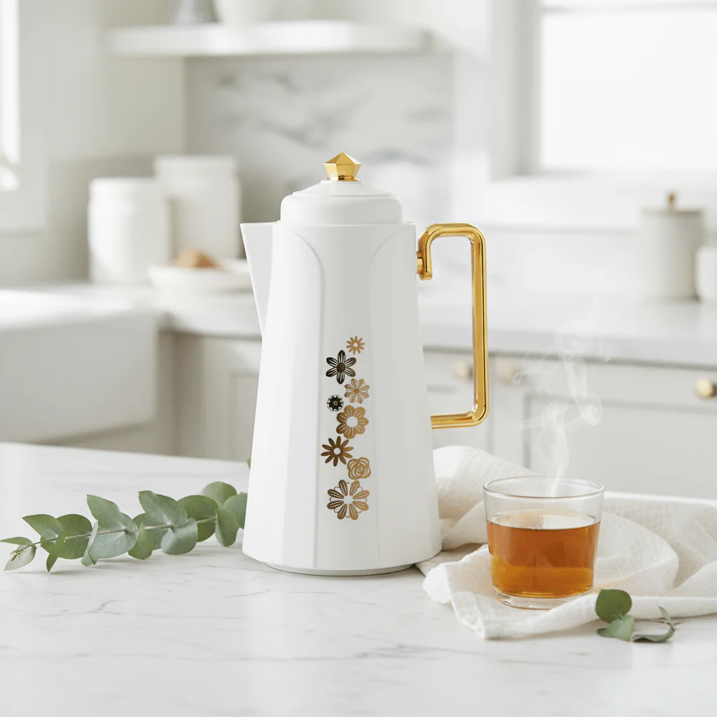 Royalford Vacuum Flask 1L – Off-White & Gold Floral - Image 3