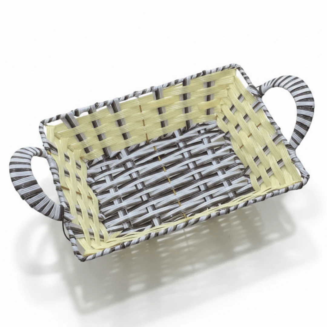 Rustic Cream & White Handwoven Rectangular Rattan Storage and Carry Basket with Durable Handle 29×23 cm