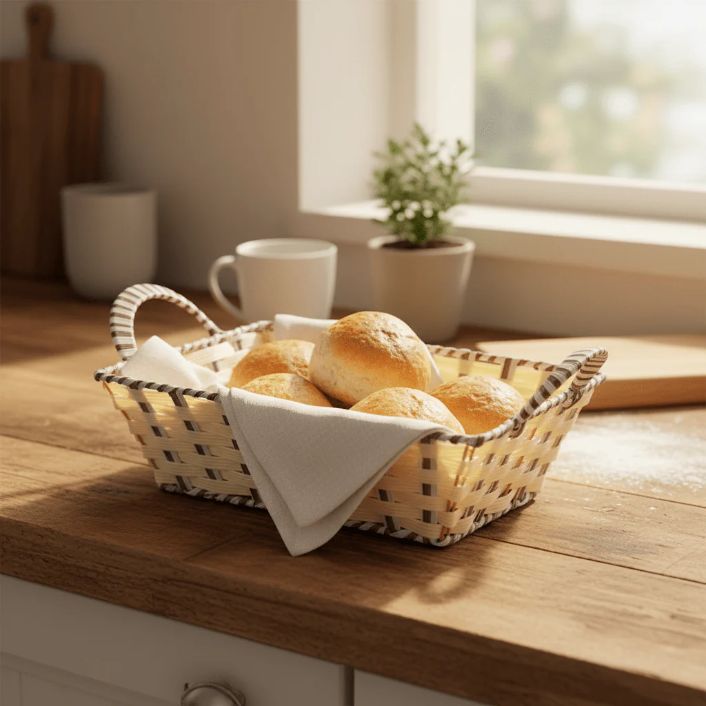 Rustic Cream & White Handwoven Rectangular Rattan Storage and Carry Basket with Durable Handle 29×23 cm - Image 2