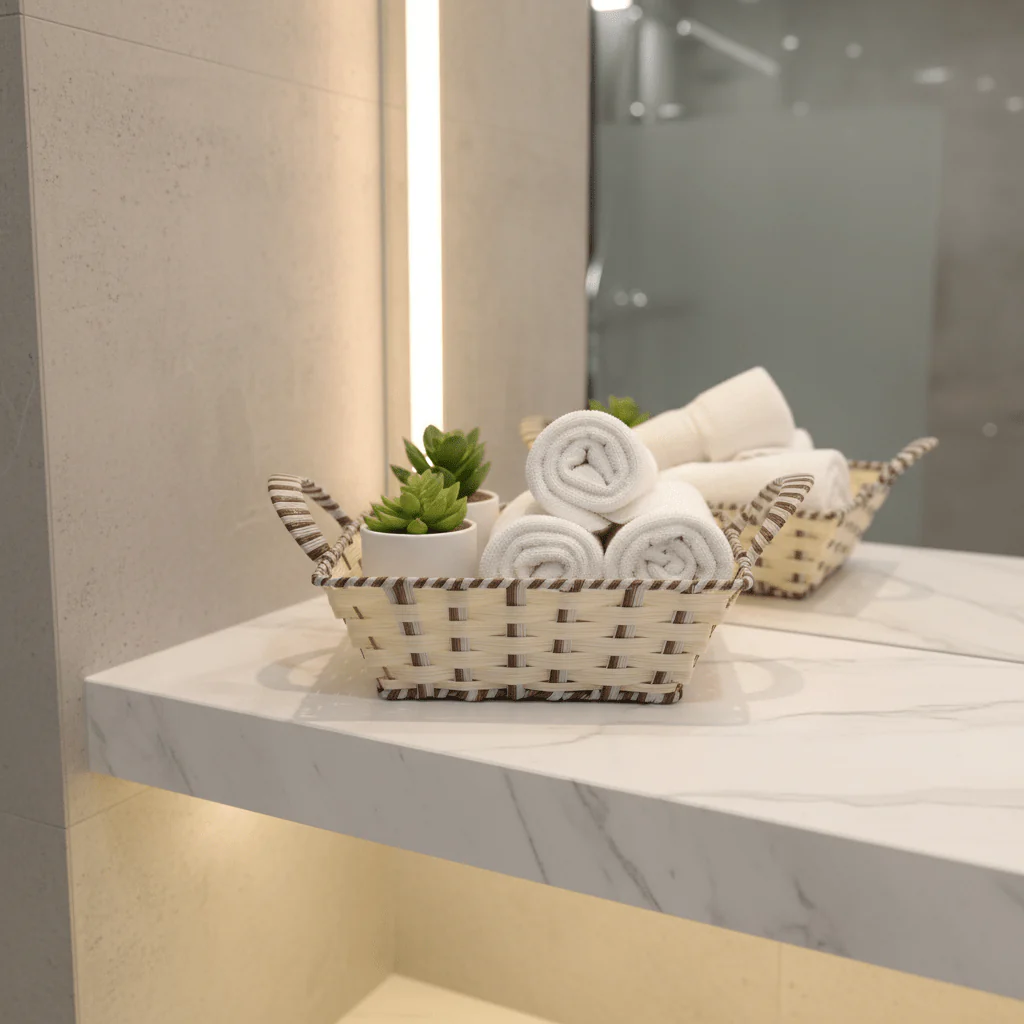 Rustic Cream & White Handwoven Rectangular Rattan Storage and Carry Basket with Durable Handle 29×23 cm - Image 3