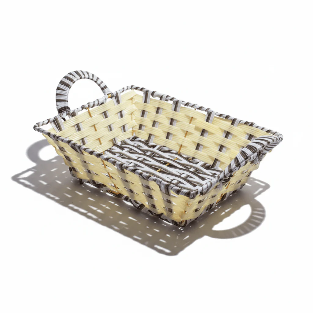 Rustic Cream & White Handwoven Rectangular Rattan Storage and Carry Basket with Durable Handle 29×23 cm - Image 4