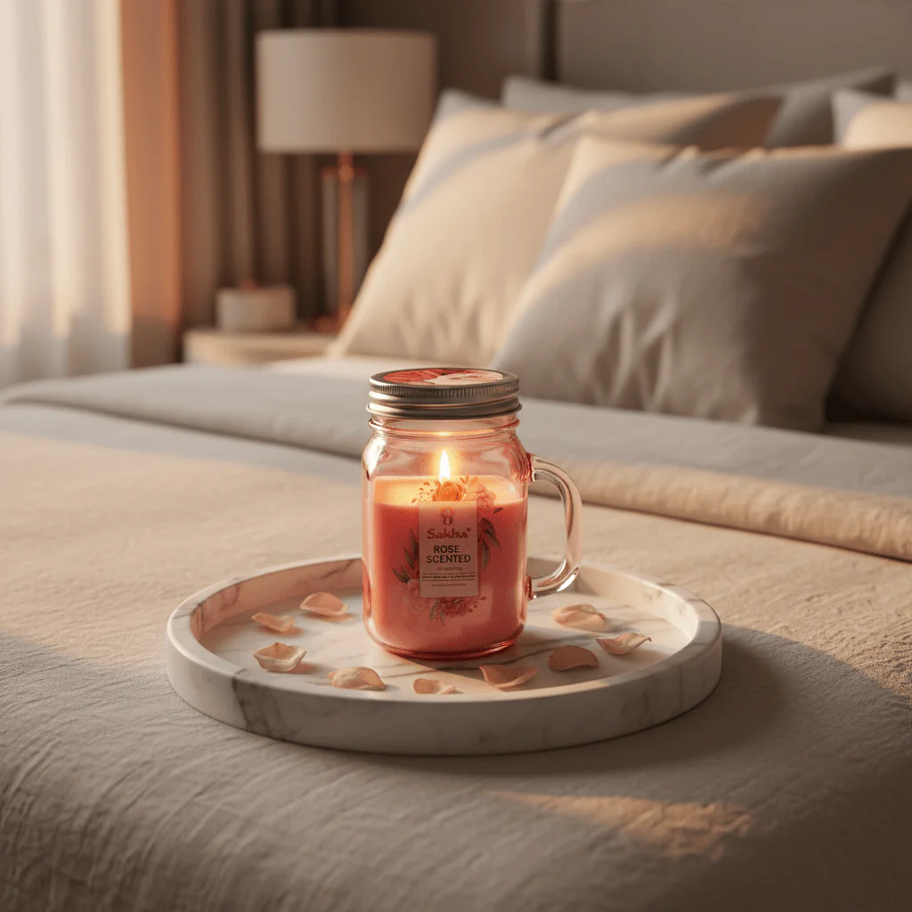 Sakha Rose Scented Candle in Glass Jar Mug | 12cm | - Image 2