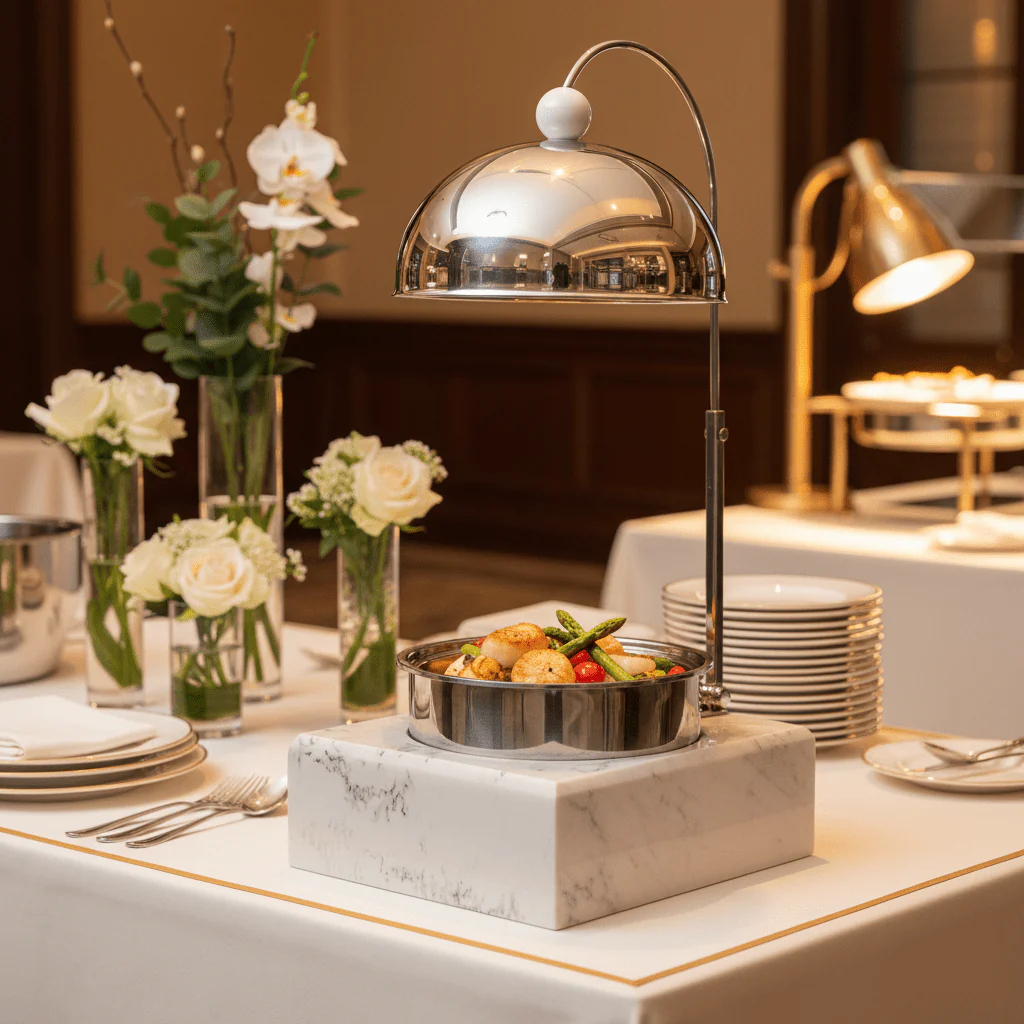 Satin Serve Premium Stainless Steel Chafing Dish with Durable White Melamine Base Catering Buffet Warmer 2.5L - Image 2