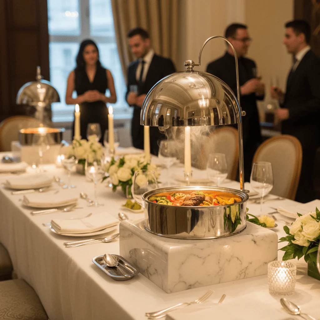 Satin Premium Stainless Steel Chafing Dish with Durable White Melamine Base Catering Buffet Warmer 5.5L - Image 2