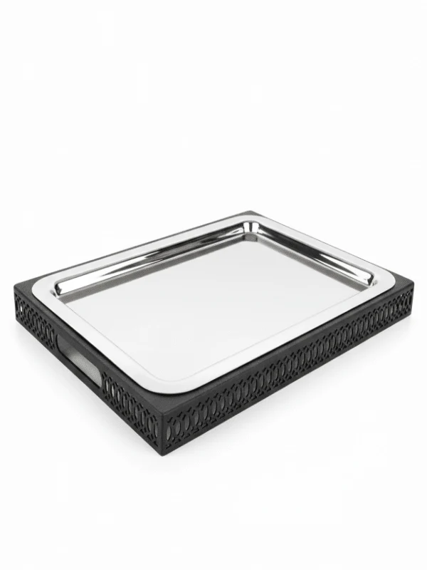 SBTC Rectangular Decorative Metal Serving Tray – Silver Body with Black Contrast Design, Multipurpose Dining & Tea Tray, 34 × 18 cm