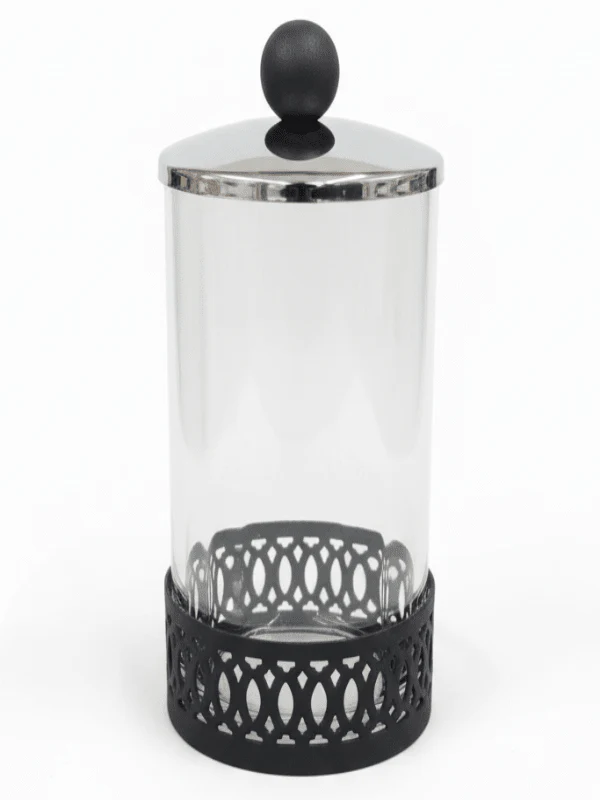 SBTC Round Glass Container with Metal Holder – Silver & Black Decorative Storage Box, 4 × 6 Inch