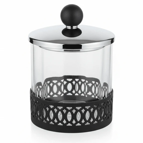 SBTC Glass Container with Metal Holder – Silver & Black Luxury Finish, Multipurpose Storage Jar, 4 × 4 Inch