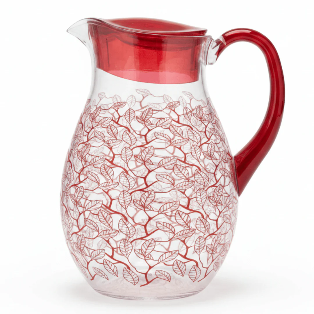 Scarlet Leaf Designer Clear Acrylic Serving Jug with Elegant Red Leaf Artwork – 20 cm