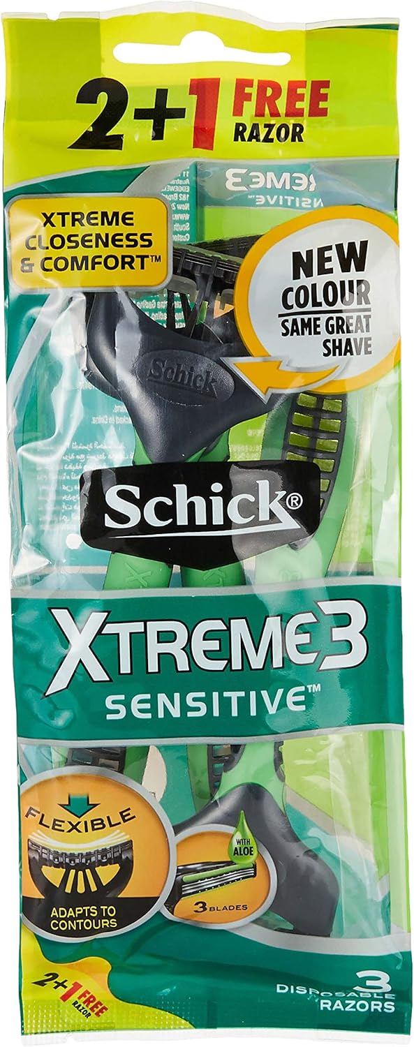 Schick Xtreme3 Sensitive Tripple Blade Disposable Razor For Men-Strip Enriched With Aloe Vera-Close & Comfortable Shave-No Irritation-Flexible Head-No-Slip Grip Handle-Easy Rinse- 2+1 Razors