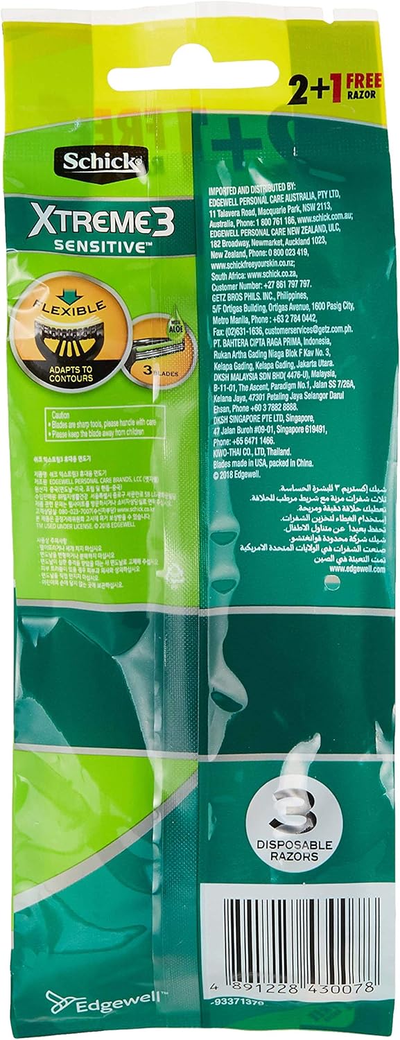 Schick Xtreme3 Sensitive Tripple Blade Disposable Razor For Men-Strip Enriched With Aloe Vera-Close & Comfortable Shave-No Irritation-Flexible Head-No-Slip Grip Handle-Easy Rinse- 2+1 Razors - Image 2