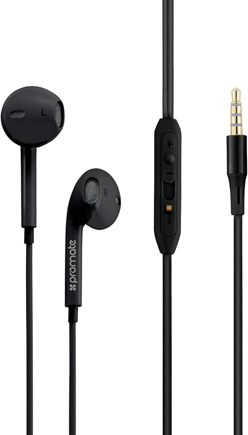 Promate Earphones, In-Ear 3.5Mm Universal Crystal Sound And Noise Isolating Earbuds With In-Line Remote Volume Control And Built-In Mic For Smartphones, Pc, Tablets, Laptops, Gearpod-Is2 Black, Wired