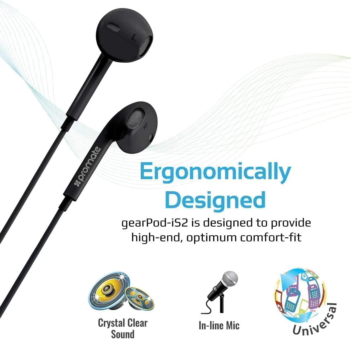 Promate Earphones, In-Ear 3.5Mm Universal Crystal Sound And Noise Isolating Earbuds With In-Line Remote Volume Control And Built-In Mic For Smartphones, Pc, Tablets, Laptops, Gearpod-Is2 Black, Wired - Image 2