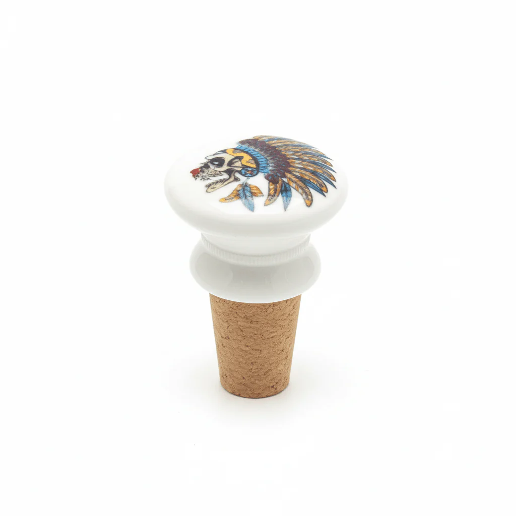 Decorative Ceramic Bottle Stopper with Cork Base | Hand-Painted Folk Art Design | Natural Cork | Assorted Designs