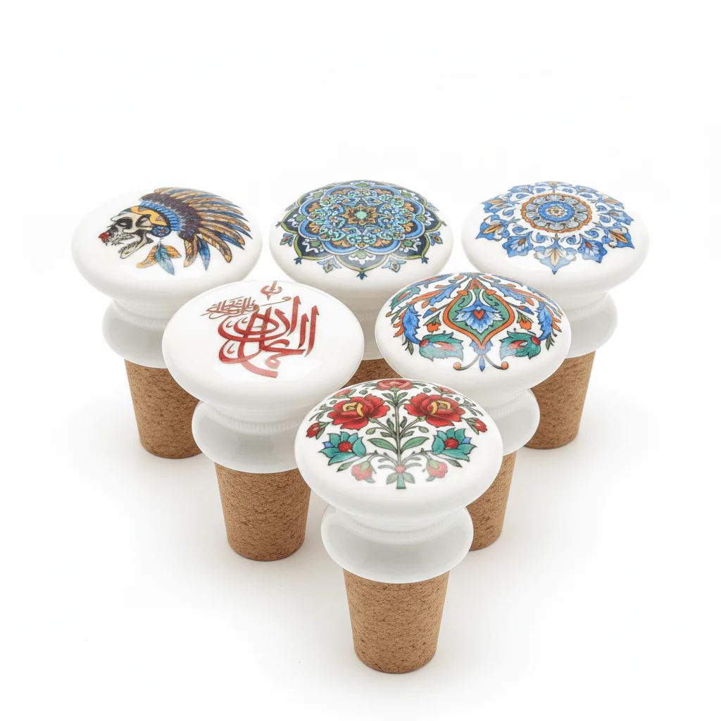 Decorative Ceramic Bottle Stopper with Cork Base | Hand-Painted Folk Art Design | Natural Cork | Assorted Designs - Image 2